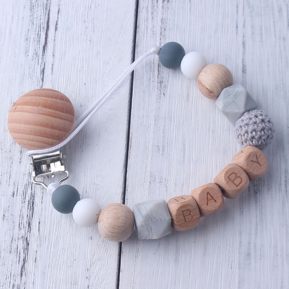 Round Silicone Teething Beads Baby Pacifier Chain Wooden Pacifier Clip Holder 