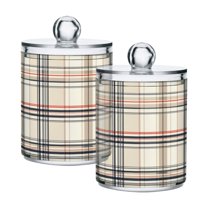 Yayeee 2 Pack Qtip Holder Bathroom Cotton Swab Canister with Lid Clear Dispenser Set, Beige Plaid Pattern