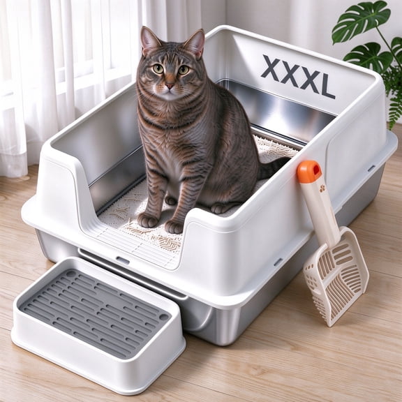 XXXL Stainless Steel Cat Litter Box with Enclosure, Extra Large Metal Litter Box for Big Cats & Multi-Cat, Low Entry, High-Sided Anti-Urine Leakage, Non-Stick, White, Includes Litter Ramp & Scoop