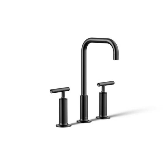 Kohler K-14408-4-BL Purist Bathroom Sink Faucet, Widespread High Lever Handles and High Gooseneck Spout, Matte Black