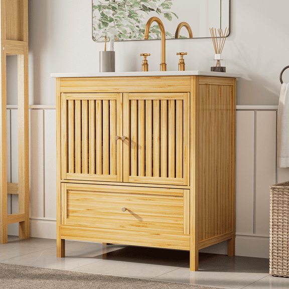 EVOKEDEN 30" Bathroom Vanity w/ Single Sink, Farmhouse Bamboo Storage Cabinet w/ Large Drawer & Built-in Shelves