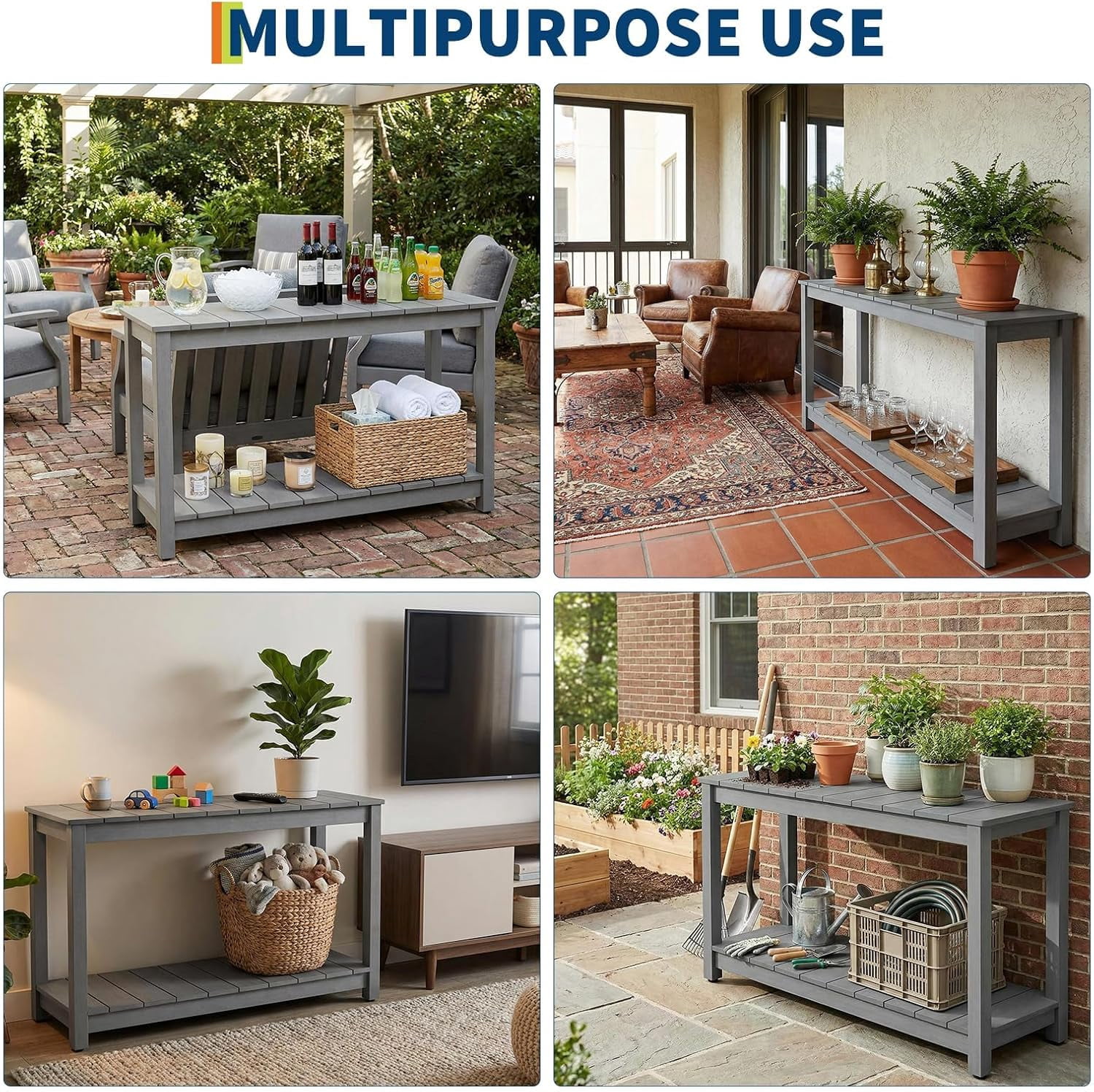 Senfot 48 Inch 2-Shelf Console Table, Indoor Outdoor Wooden Storage Entryway Side Table Gray