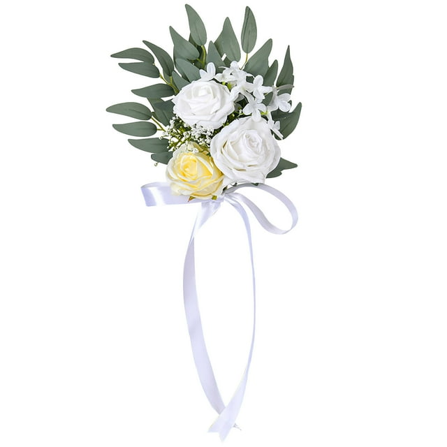 White Wedding Decoration Chair Flower Bouquet With Simulation Silk Flowers For Outdoor Ceremony Business Hotel Event Chair Back Decor Prop Size 12X9 Inches White
