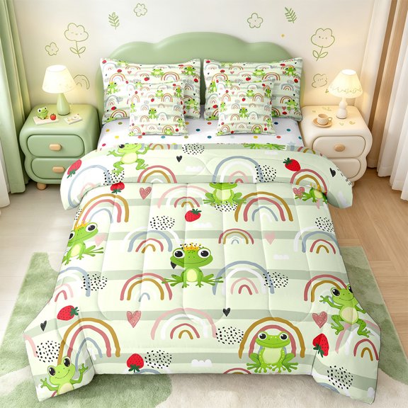 Manfei Retro Rainbow Twin Bedding Sets 7-Piece,Wild Animal Frog Bedding Comforter Set 7-Piece,Red Strawberry Sheet Sets For Boys Kids,Lightweight Bedroom Decor Reversible