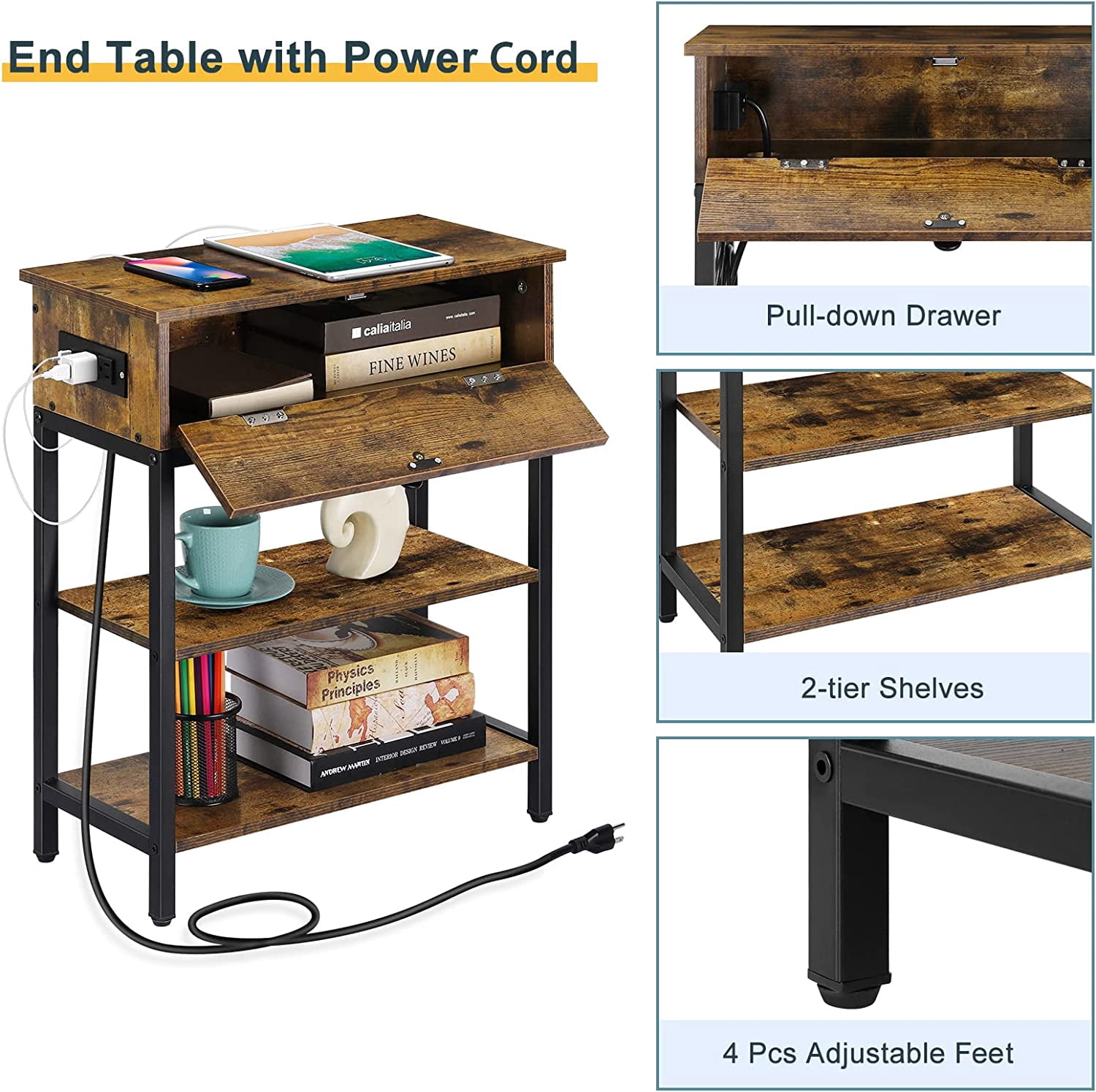 Oumilen End Table with Drawer and Charging Station, Brown