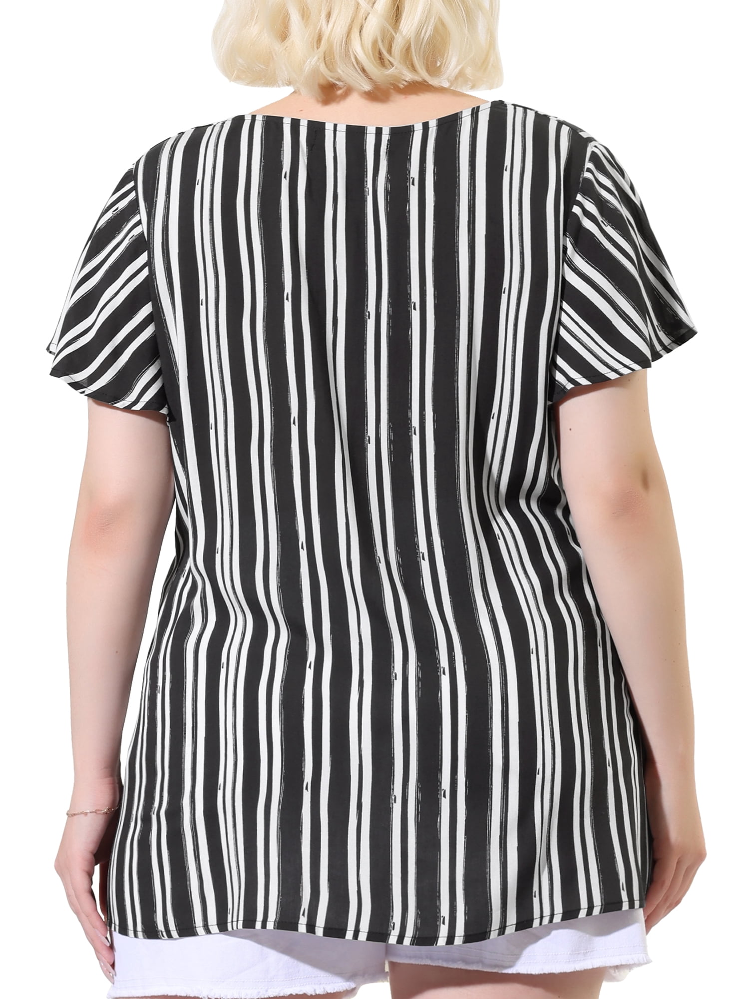 Unique Bargains Women's Plus Size Blouses Short Sleeve Loose Stripe Top