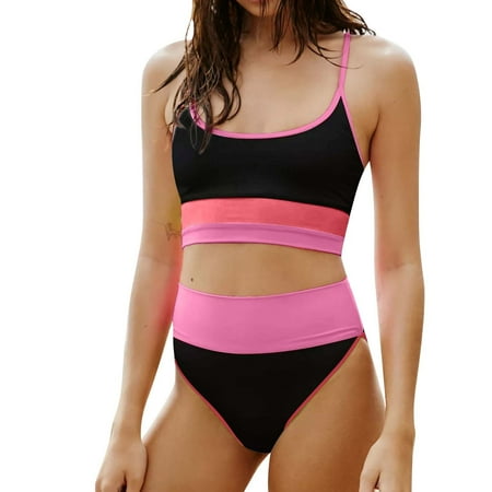 MSJUHEG Swimsuit Sets Bikini Swimsuit Women s Bikini Swimsuits Bikini Set For Cute Block Striped Sporty Swimsuit Knit Ribbed Bathing Suit Bikini Sets for Women Bathing Suit for Women Bikini A XL