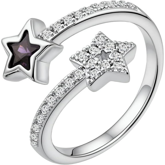 Y2k Silver Amethyst&Cubic Zirconia Star Open Rings Cool Adjustable Birthstone Rings Grunge Jewelry