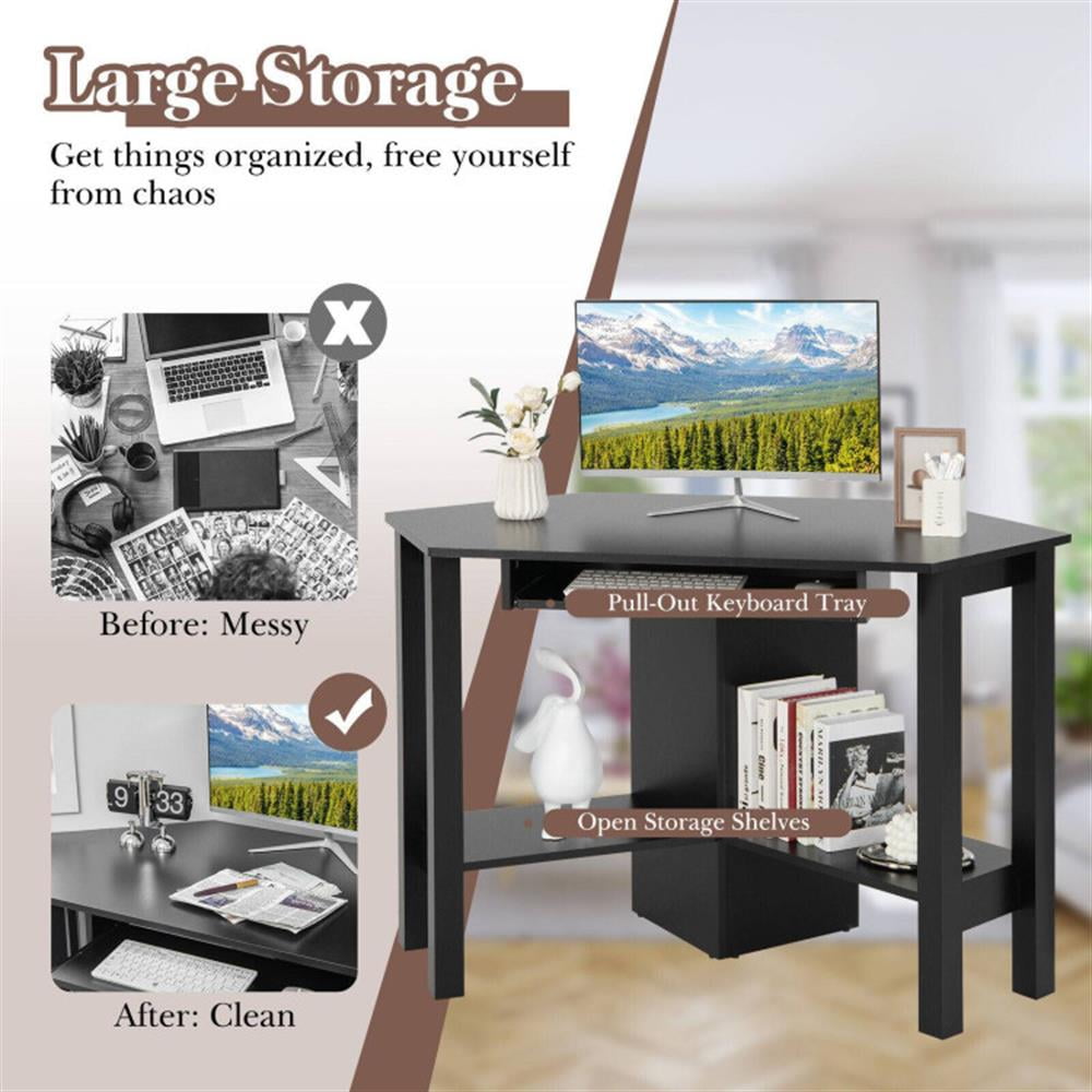 Demi Bonn Wooden Computer Corner Desk with Drawer for Home Office Sturdy Writing Workstation, Black