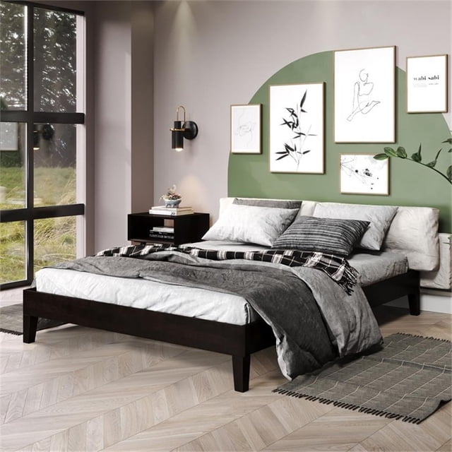 Pemberly Row Contemporary Queen Black Wood 75.5" Platform Bed