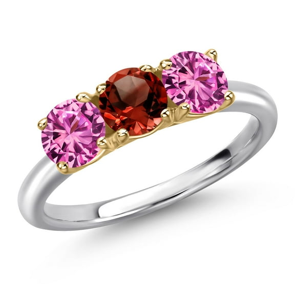Gem Stone King 925 Silver and 10K Yellow Gold Red Garnet and Pink Created Sapphire Engagement Ring for Women | 1.65 Cttw | Round 5MM | Gemstone January Birthstone | Size 9