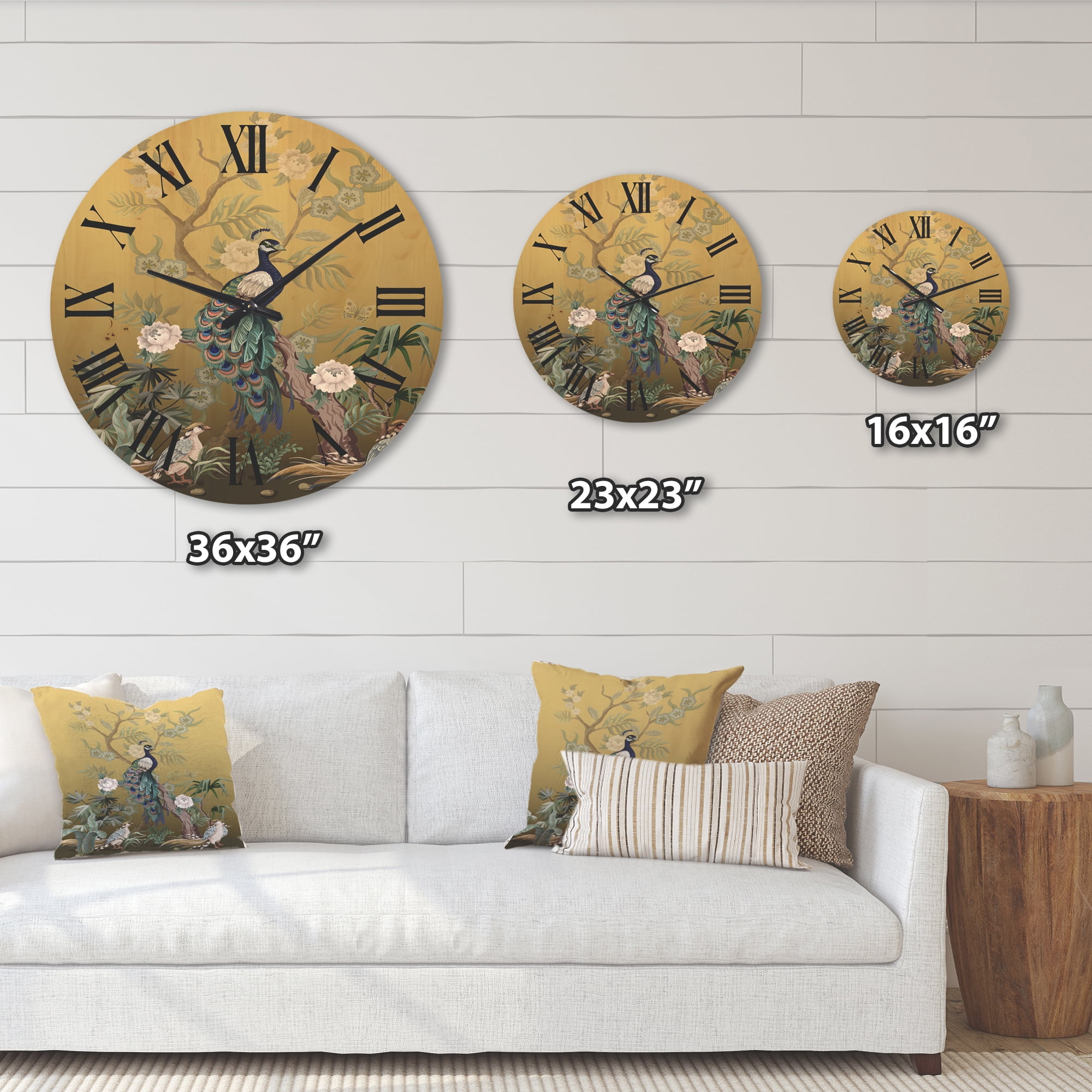 Designart 'Chinoiserie With Peonies and Birds VI' Traditional Wood Wall Clock