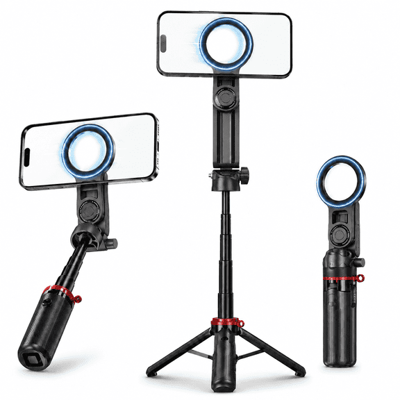 Magnetic Selfie Stick Tripod, 4-in-1 Phone Holder with Remote, 360°Rotatable Travel Phone Tripod Stand Compatible for iPhone /Android, Video Recording & Vlogging