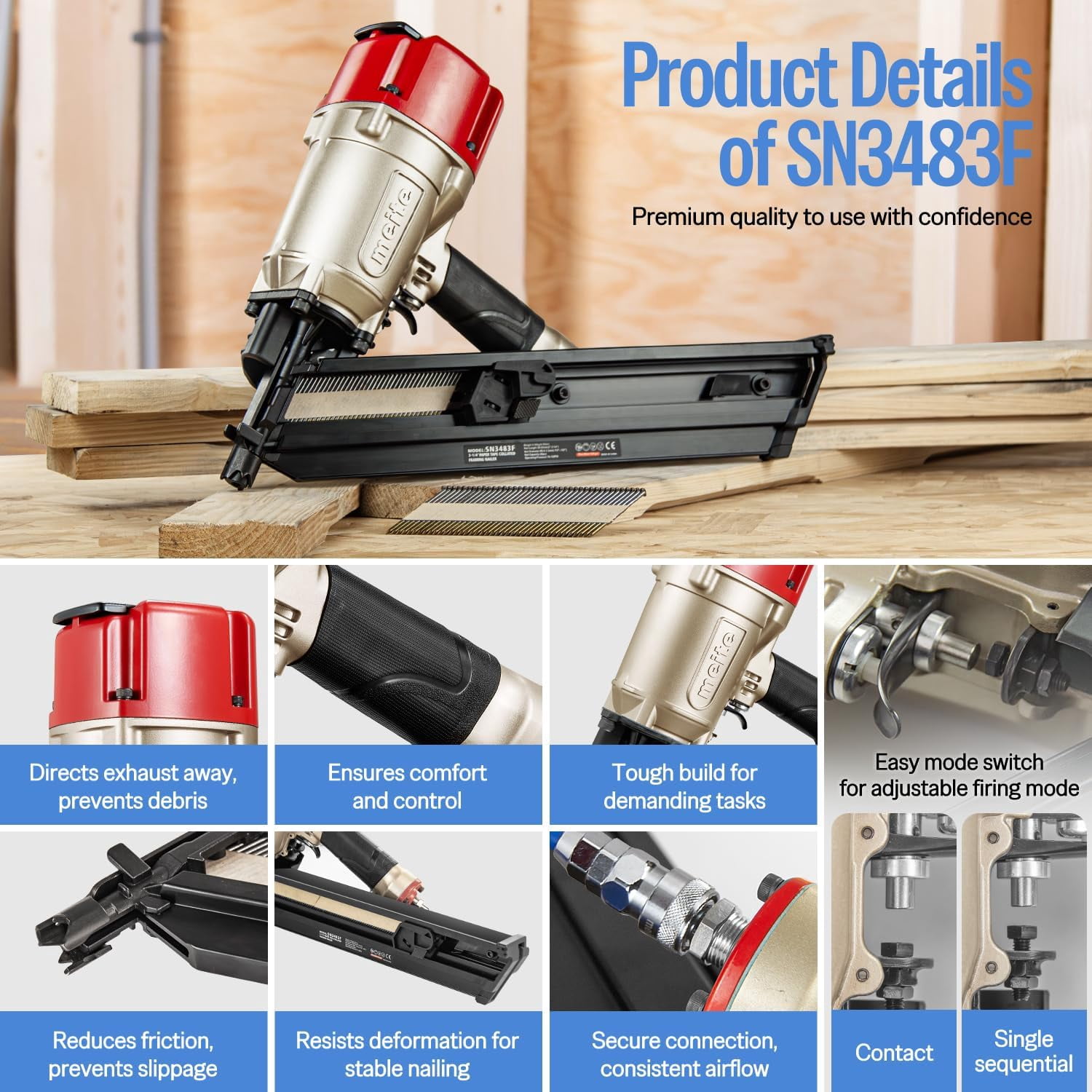 MEITE SN3483F Pneumatic Framing Nailer Accepts 2-Inch up to 3-1/4-Inch with 30 Degree Angled Paper Collated Framing Nails