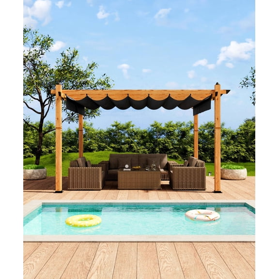 Goldensoil 10 x 13 ft Wood-Grain Aluminum Outdoor Pergola with Retractable Canopy Sun Shade,Gray