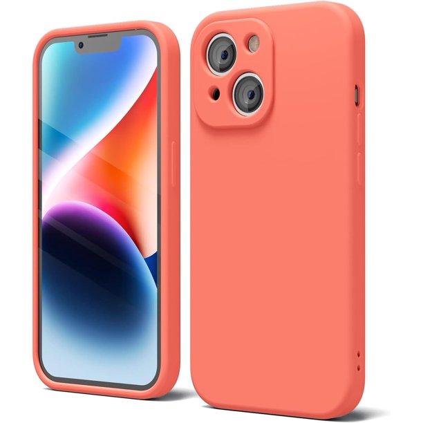Funda de silicona para iPhone 14 Plus con protector de cámara, funda de gel de goma suave, fina y ajustada, protección estética de TPU con agarre, neutra, para mujer y niña, color naranja