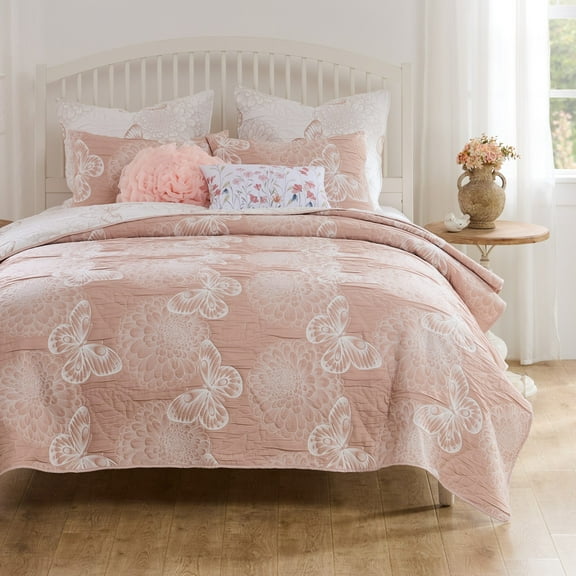 Greenland Home Fashions Mariposa Blossom and Butterfly Pink Matelassé Reversible Coverlet Set, 2-Piece Twin/XL