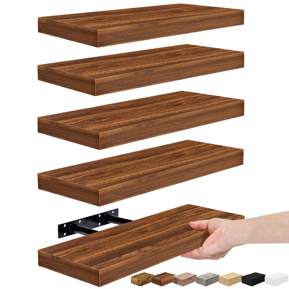 Sorbus 16.25" Walnut Rustic Floating Shelves (Set of 5) – Wall Storage for Décor, Frames, Trophies