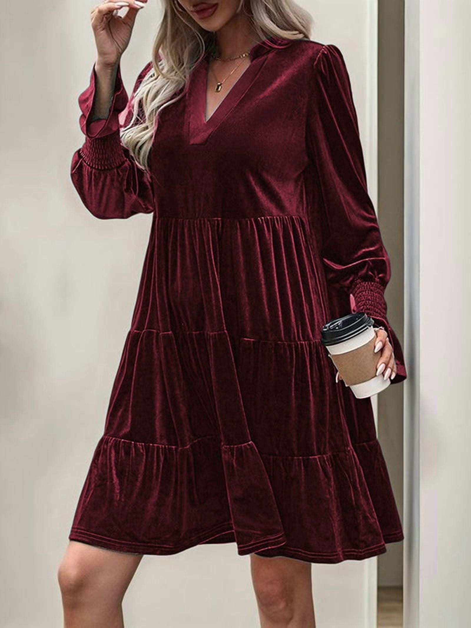 Women'S Elegant Velvet Long Sleeve Dress Casual Fall V Neck A Line Babydoll Flowy Formal Wedding Party Mini Dress Wine Red S