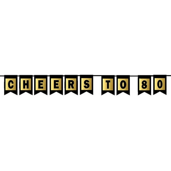 Cheers 80th Brithday Anniversary Black & Mettalic Gold Handing Party Wall Decoration Bunting Banner