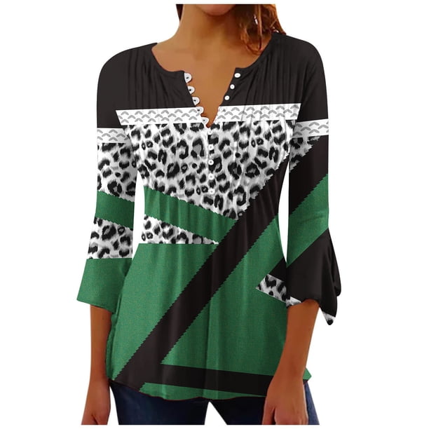 Blusas de Algodón para las Mujeres Impresas 3/4 Mangas V-Cuello Camiseta, Blusa de Algodón de Imitación Casual para las Mujeres