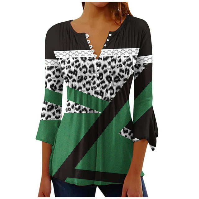 Blusas de Algodón para las Mujeres Impresas 3/4 Mangas V-Cuello Camiseta, Blusa de Algodón de Imitación Casual para las Mujeres