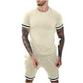 thumbnail image 2 of Oalirro Summer Casual Outfits for Men 2 Piece Sets Holiday Gifts Men Casual Round Neck Solid T-Shirt Short Sleeve Blouse and Pants Set Khaki, 2 of 8