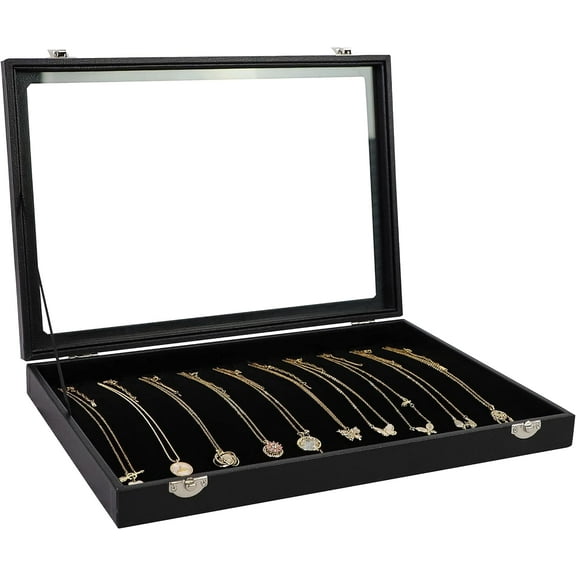 Necklace Organizer 20 Hooks Jewelry Organizer Jewelry Display Stackable Glass Top Lockable Black Velvet Boxes(Necklace Tray)[Z1]