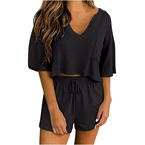 Edvintorg 2 Piece Set Women Outfit Women Two-Piece Color-Blocking V-Neck Short Sleeve Fashion Casual Suit Workout Sets Black XL