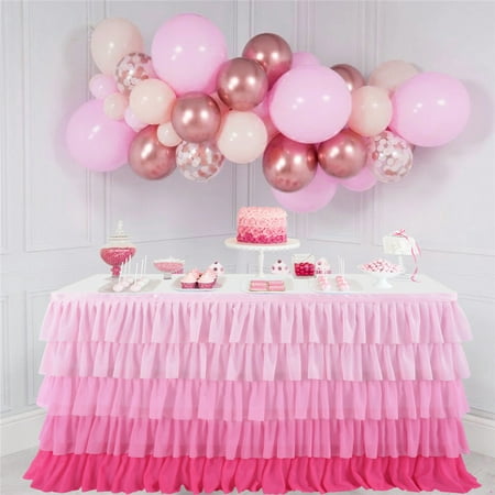 

EastVita 5 Layers Gradient Pink Chiffon Wave Table Skirt for Wedding Party Supplies