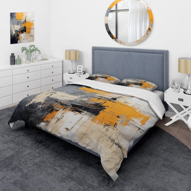 Designart "Elegance of Grey and Yellow Paint I" Abstract Bedding Covert Set - Abstract Yellow Modern Bed Set With 2 Shams