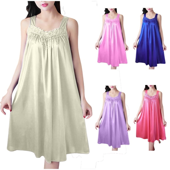 Night Dress for Women New Satin Silk Nightgown for Women Soft and Breathable Sleepwear Plus Size Short Sleeves Sleepshirts Beige One Size