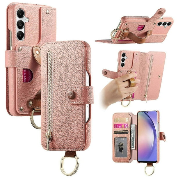 For Samsung Galaxy A35 5G Case RFID Blocking Zipper Wallet PU Leather Mobile Cover - Pink