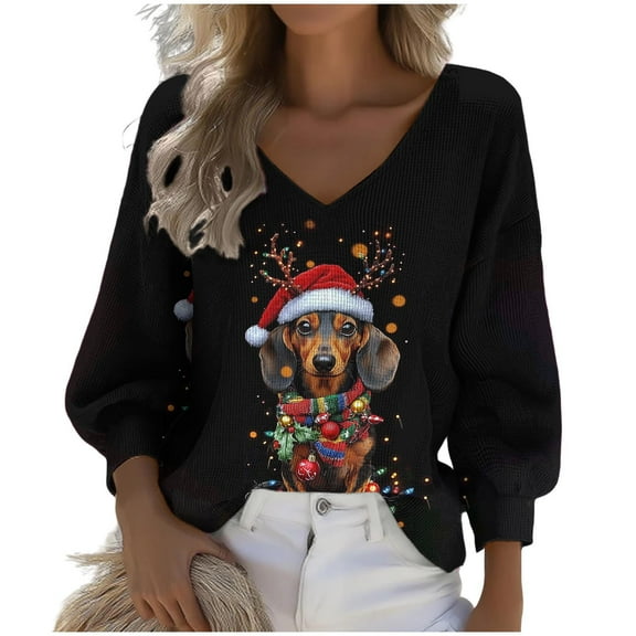 Fall Fashion Must Haves Womens Long Sleeve V Neck Holiday Christmas Pullover Sweatshirt Cozy Top Women Fall Clothes