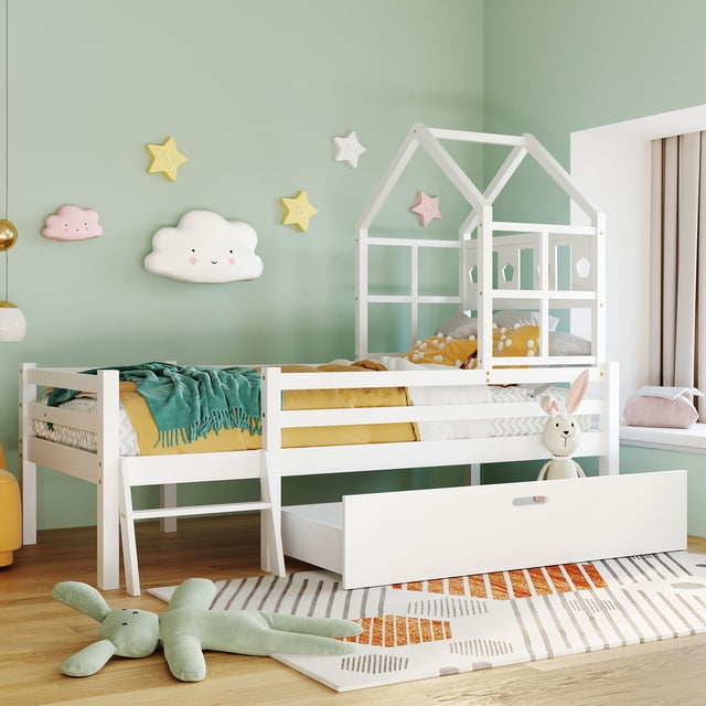 Cama casita para niños con escalera y cajones, incluye somier, cama alta de madera maciza con protección contra caídas 160x80cm blanca (sin colchón) esquí esquí Gafas de esquí