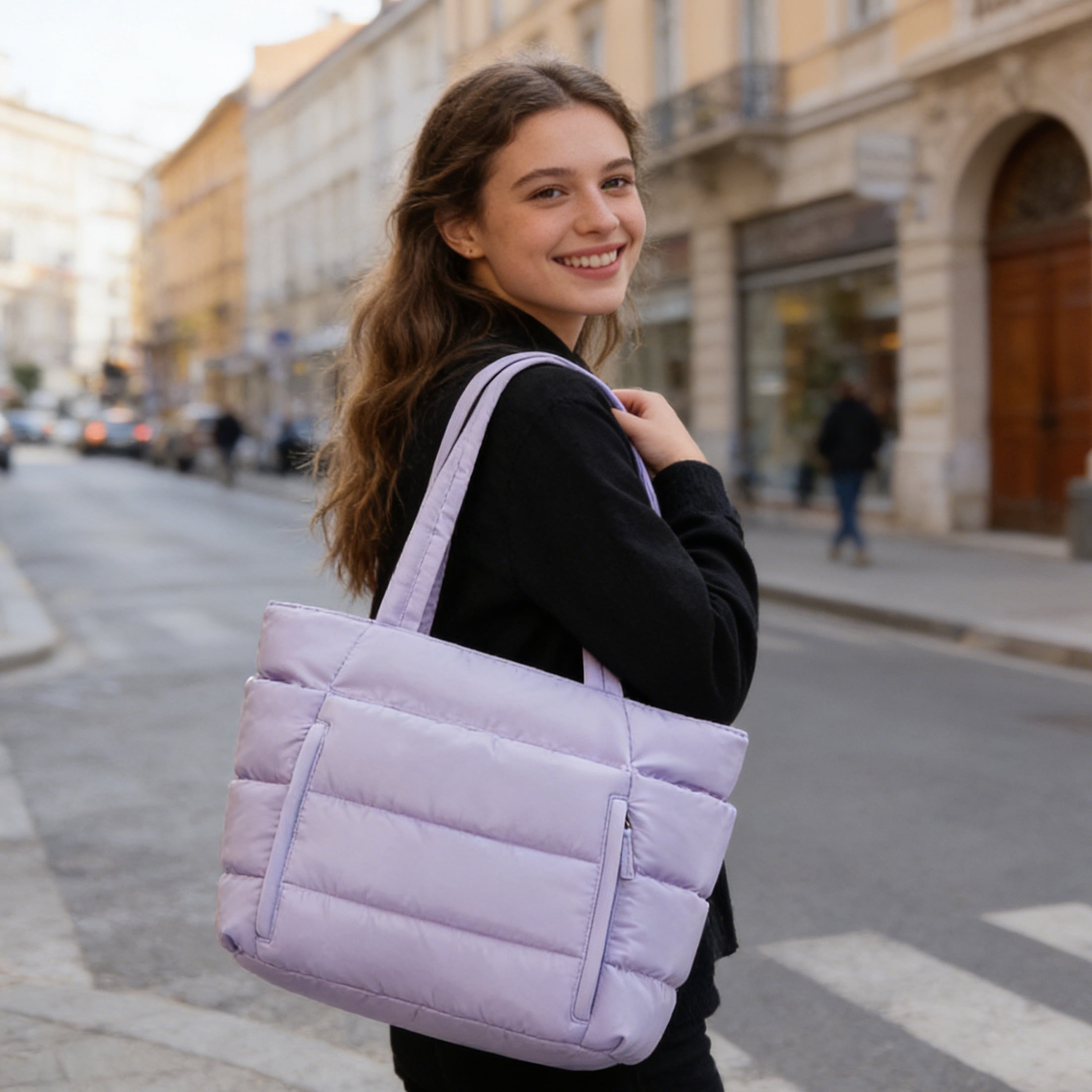 Puffer Tote Bag for Women, Large Capacity Lightweight Quilted Shoulder Bag, Waterproof Handbag for Work, Travel, Gym, Purple