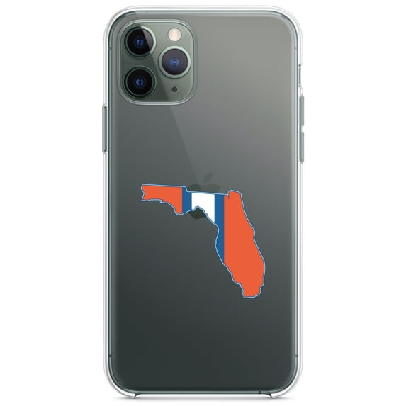 DistinctInk Clear Shockproof Hybrid Case for iPhone 13 PRO (6.1" Screen) - TPU Bumper Acrylic Back Tempered Glass Screen Protector - Orange & Blue State of Florida