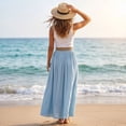 thumbnail image 5 of Womens Linen Maxi Skirts Summer Boho Solid Beach Elastic High Waist Pleated A-Line Flowy Swing Long Maxi Skirts, 5 of 7