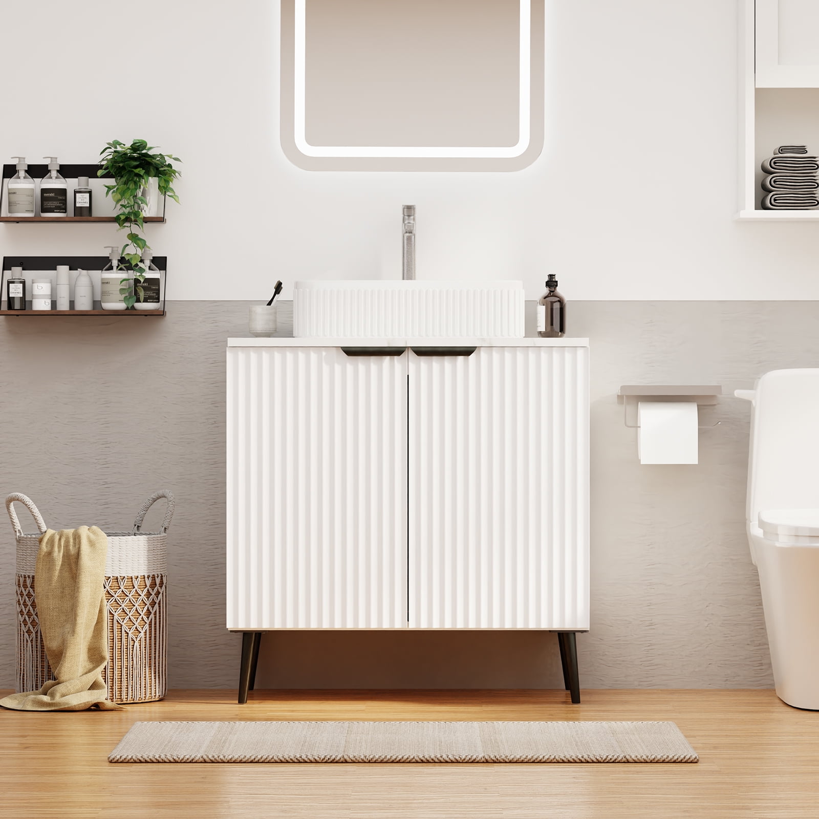30" White Modern Bathroom Vanity Without Sink, Bathroom Storage Cabinet with 2 Soft Closing Doors, Freestanding Cabinet with Metal Handles (White Without Sink, 30")