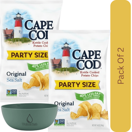 Cape Cod Less Fat Original Kettle Cooked Potato Chips, 14 oz Bag With Olive Green Bowl By ValueNest