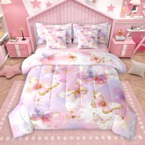 Manfei Chic Butterfly 7-Piece Bedding Comforter Set,Golg Glitter Print King Bedding Sets,Pink White Bed Sheets For Girls Kids,Breathable Home Decor Reversible