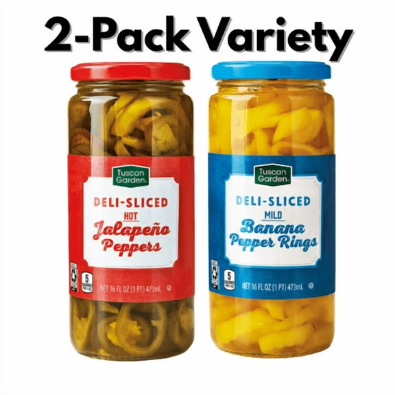 Tuscan Garden Deli-Sliced Peppers Variety Pack Hot Jalapeño & Mild Banana Pepper Rings 2-Pack 16 fl oz