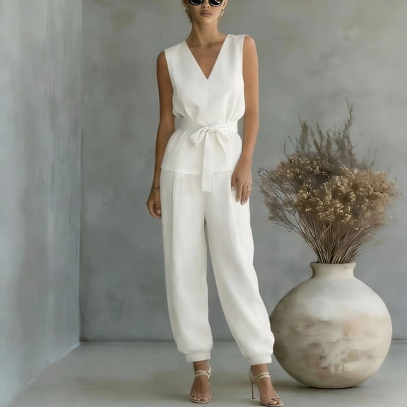 Pounoo Women's Jumpsuits V Neck Sleeveless Tie Waist Solid Jumpsuit Daily Wear Lightweight Breathable Loose Fit Casual Jumpsuits Gift
