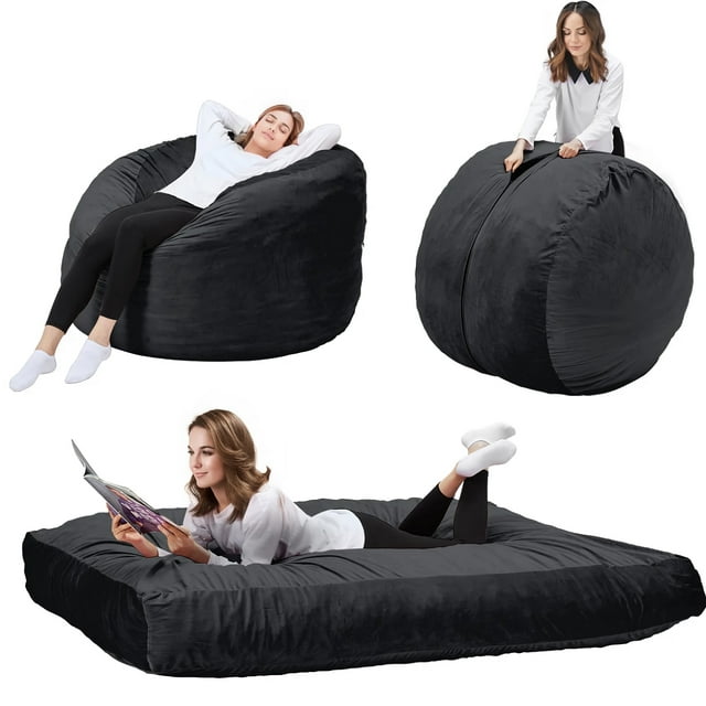 5 ft Convertible Bean Bag Chair for Adults & Kids - 2‑in‑1 Lounger & Bed with Washable Cover, High-Density Foam, Flannel Fabric - Black