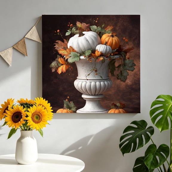 Canvas Wall Art Abstract Pumpkin Canvas Art Print Fall Orange Leaf Retro Idyllic Style Pictures Wall Decor for Living Room Bedroom Artwork Decorations Stretched Framed Ready to Hang 8"x8"