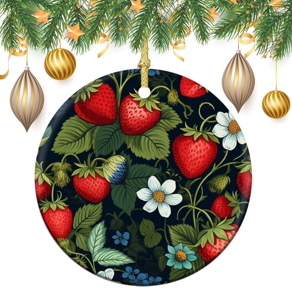 Ceramics Ornaments Summer Red Strawberry with Leaves Double-Sided Printed 3" Ceramic Christmas Ornament Strawberry Christmas Tree Decoration Indoor Outdoor Yard Gifts Keepsake for Family
