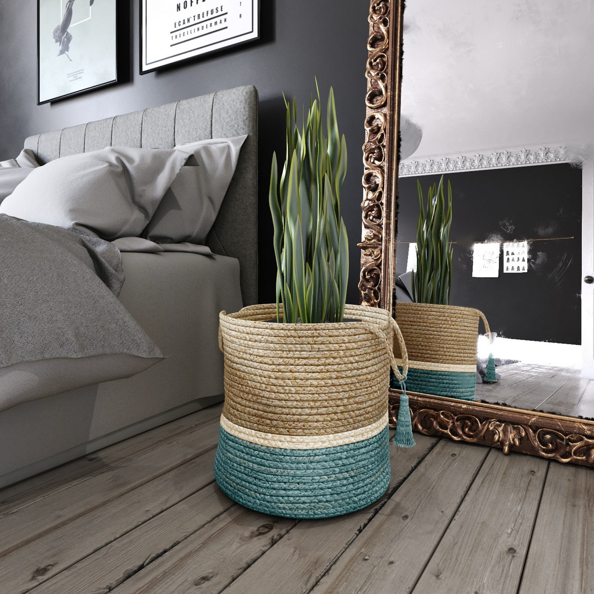 LR Home Woven Round Jute 19" Storage Basket with Handles, White/Teal Three Stripe