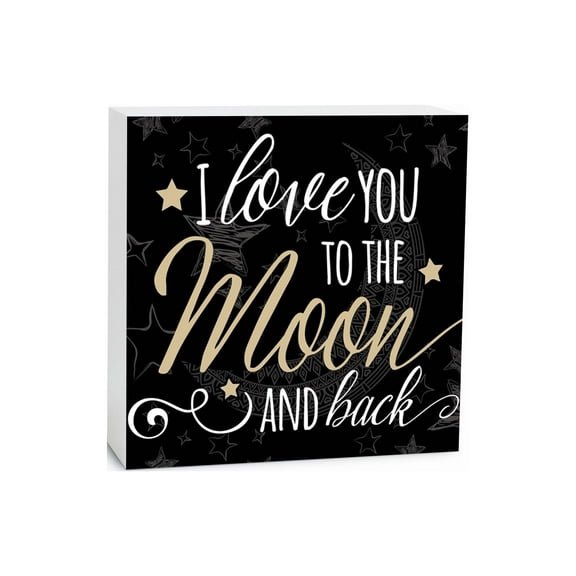 Love You Moon Back Black Moon Stars 5 x 5 Wood Tabletop Sign Plaque