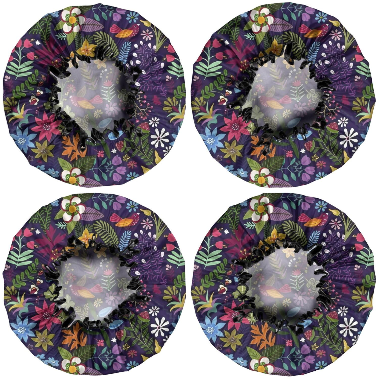 Shower Caps,Pioneer Flower Floral Print Pattern Waterproof Shower Cap for Women 4 Pieces,Double Reusable Hair Cover for Shower PEVA Elastic Stretch Hem