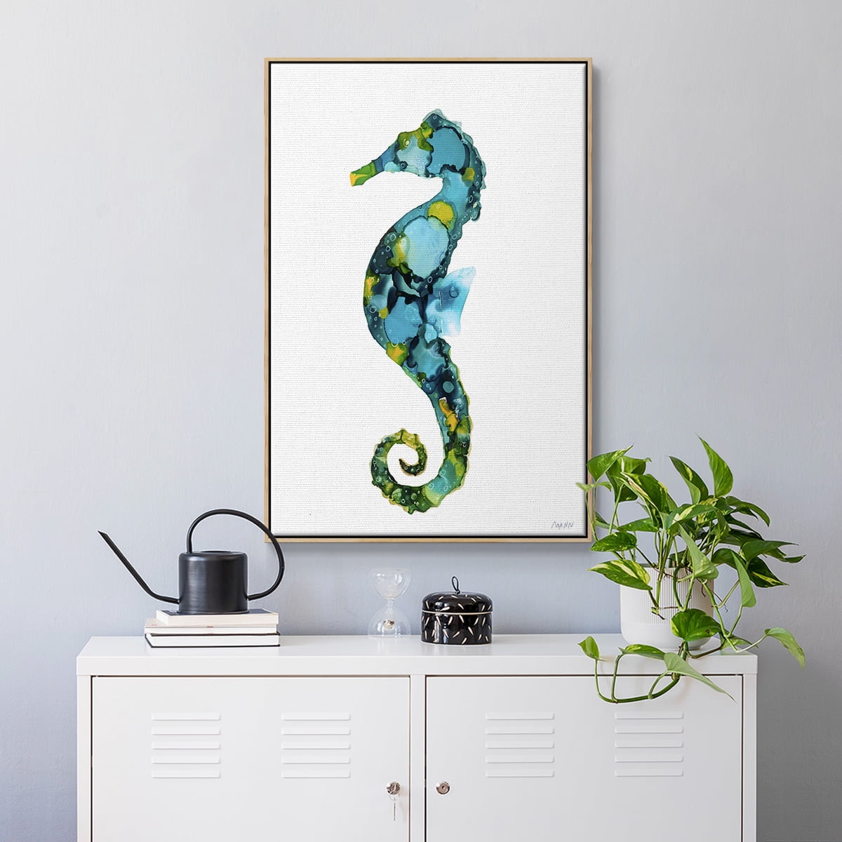 Seahorse Framed Premium Gallery Wrapped Canvas - Ready to Hang - 17 x 25 - Natural Wood Floating Frame